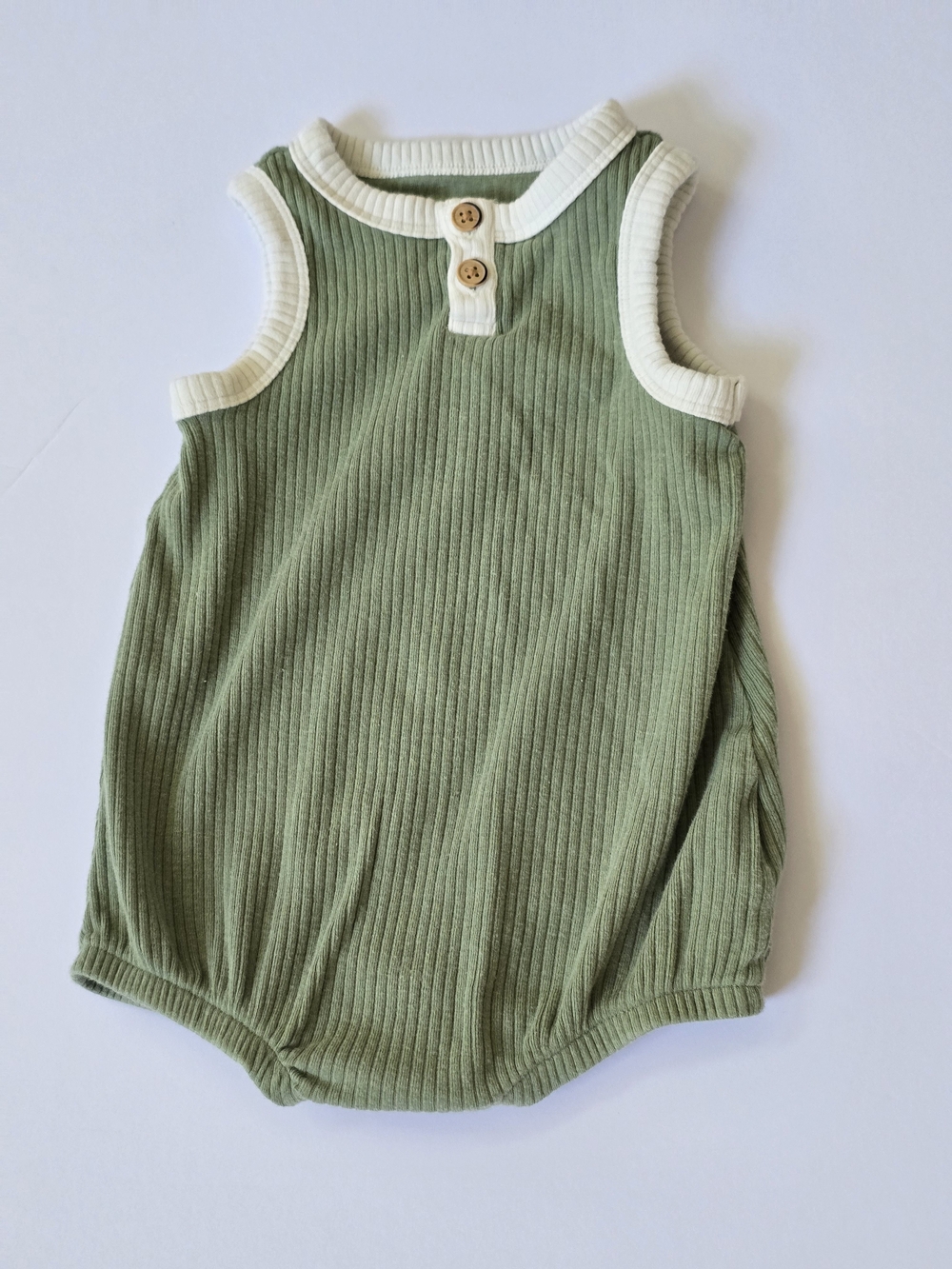 Sage Green Romper with Cream Trim 6 9 month Cotton Modal Blend